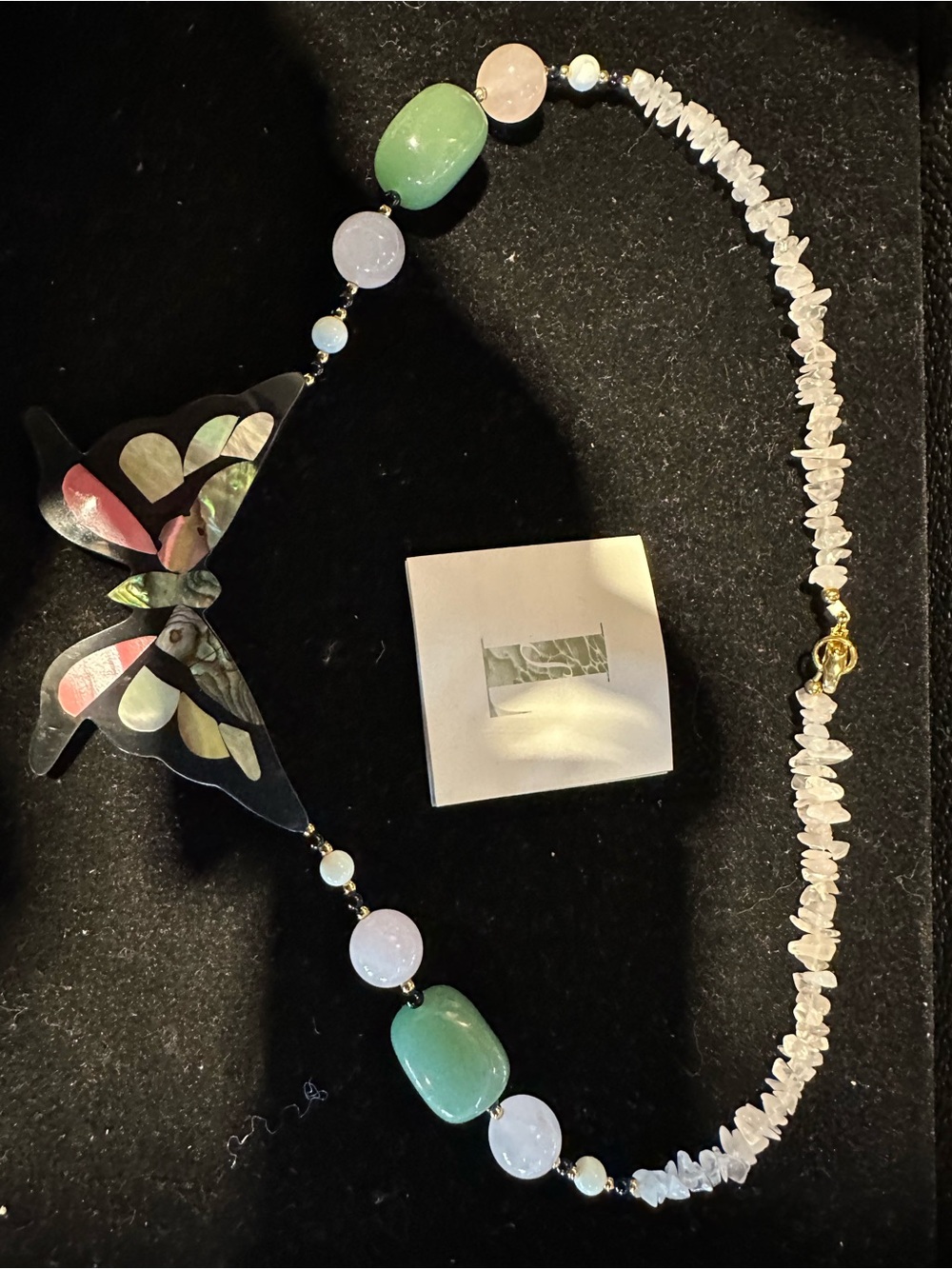 Handcrafted Butterfly Pendant Necklace Jade Rose Quartz by Lee Sands Abalone - Picture 6 of 6